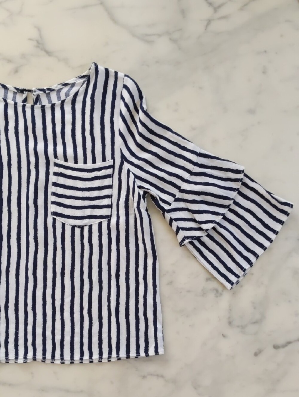 Striped Navy and White 3/4 Ruffle Sleeve Blouse. - Picture 4 of 5
